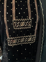 Premium Handblocked Ajrakh Velvet Silk Handworked Top, paired with a matching Velvet Silk Bottom and an elegant Organza Dupatta detailed with Cutdana Scalloping 3 piece set stitched